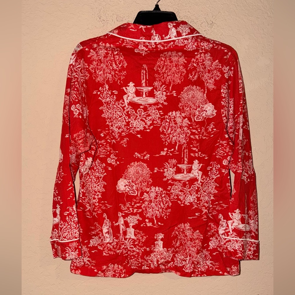 Red French Toile Pajama Top | Scenic Print Button Front - Picture 6 of 7